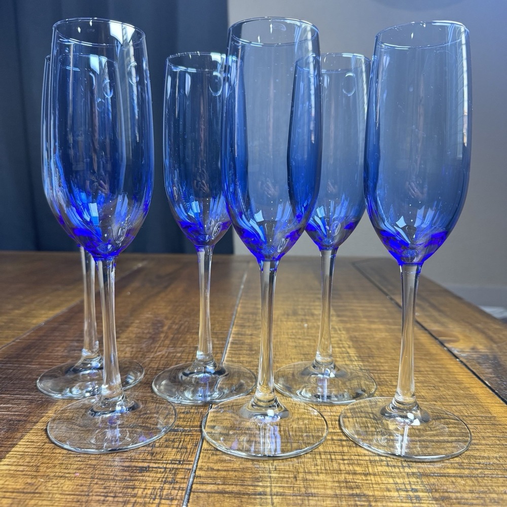 LIBBEY SET OF 6 VINA BLUE CLEAR GLASSES WINE GOBLETS 9.25"